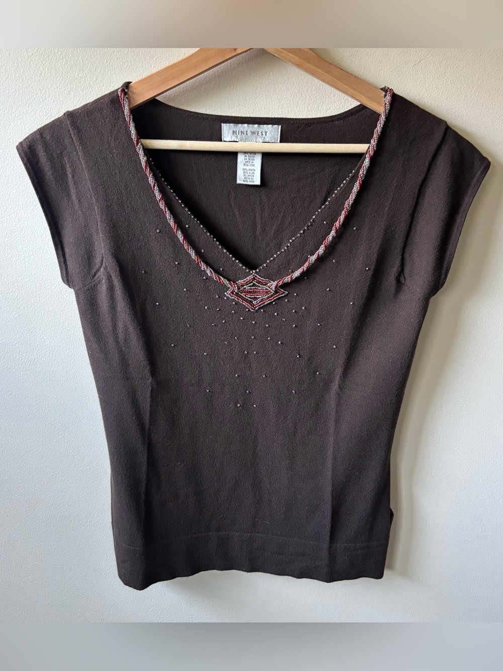 Nine West Brown Beaded Short Sleeve Top